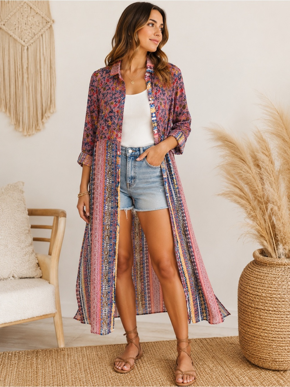 Anthropologie‎ Fig & Flower Pink Mixed Print Longline Kimono Duster Button Front